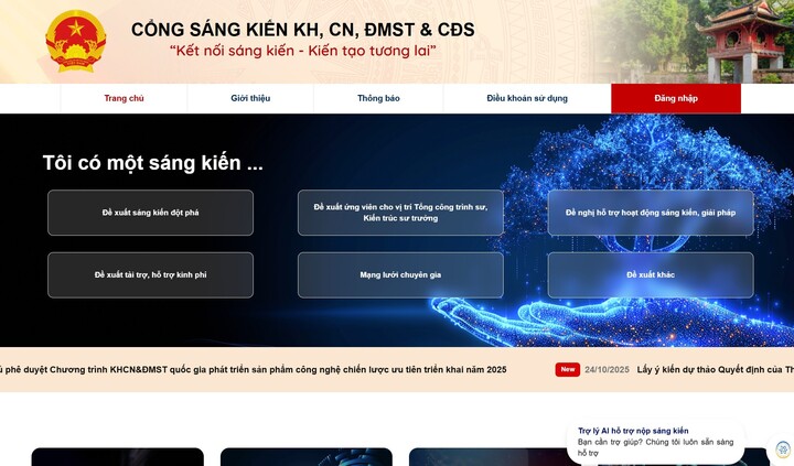 Giao diện Cổng Sáng kiến Khoa học, công nghệ, đổi mới sáng tạo và chuyển đổi số. (Ảnh: MH)