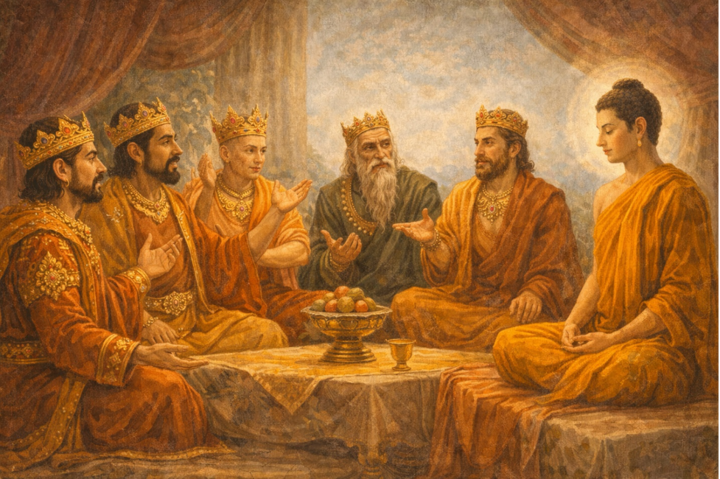 5 vị vua có đủ mọi thứ trên đời tranh luận về dục vọng và xin Đức Phật "phân xử".