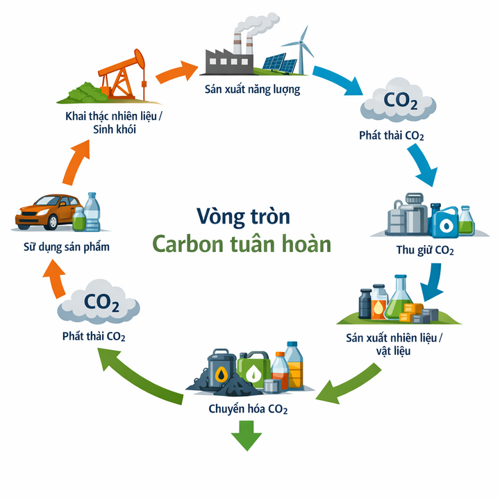 Mô hình vòng tròn qui trình sản xuất carbon tuần hoàn.