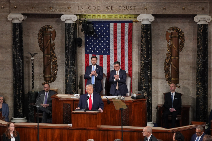 Tổng thống Mỹ Donald Trump phát biểu trong Thông điệp Liên bang ở Điện Capitol, Washington, ngày 24/2/2026. (Ảnh: AP/Matt Rourke)