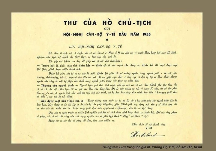 Thư của Chủ tịch Hồ Chí Minh gửi Hội nghị Cán bộ y tế đầu năm 1955. (Ảnh: Tư liệu)