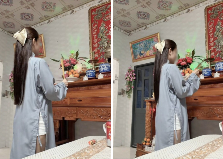 Cô gái gây tranh cãi khi diện quần ngắn, áo lam thắp hương gia tiên.