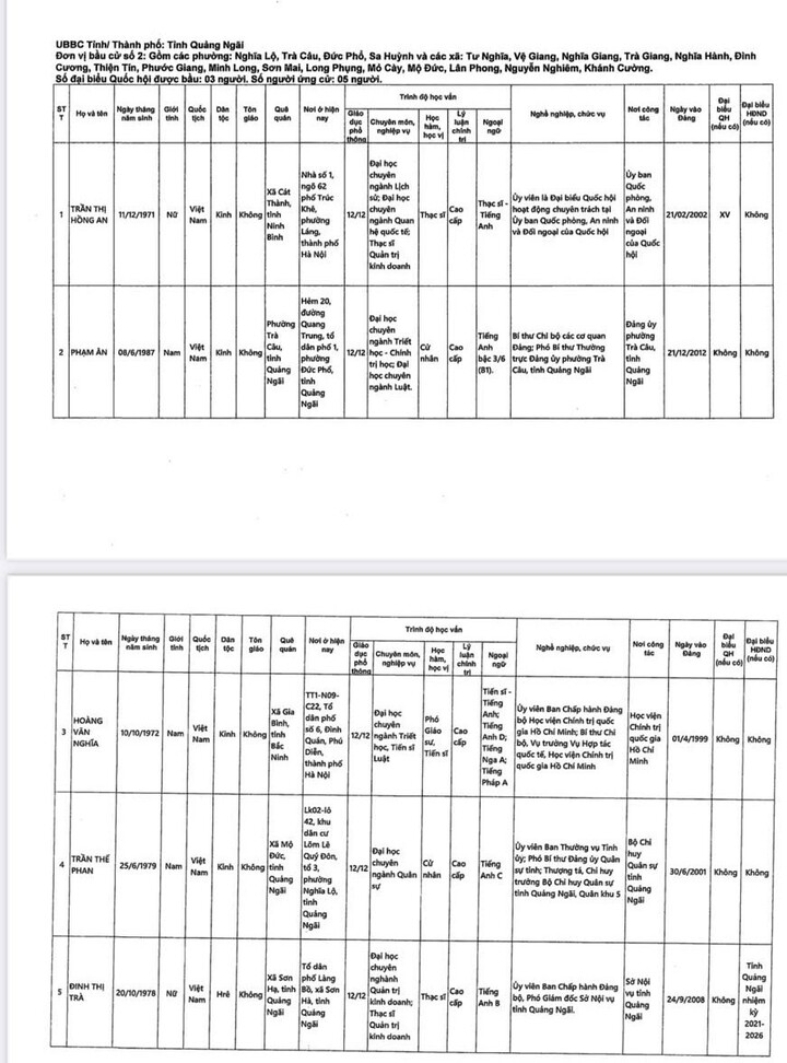 Danh sách những người ứng cử đại biểu Quốc hội khóa XVI tại Quảng Ngãi - 2