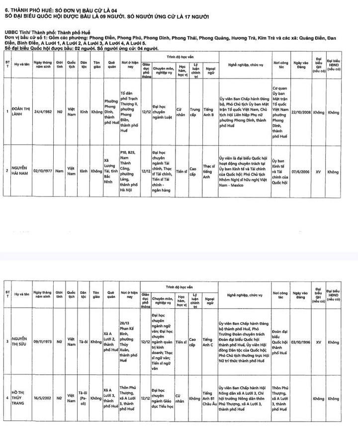 Danh sách những người ứng cử đại biểu Quốc hội khóa XVI tại TP Huế - 1