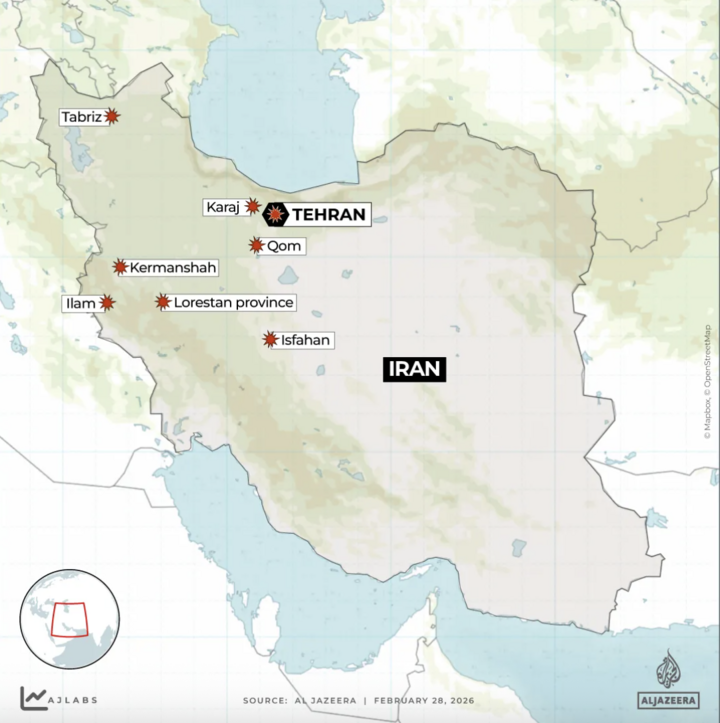 Bản đồ các địa điểm bị tấn công tại Iran (Nguồn: Al Jazeera)
