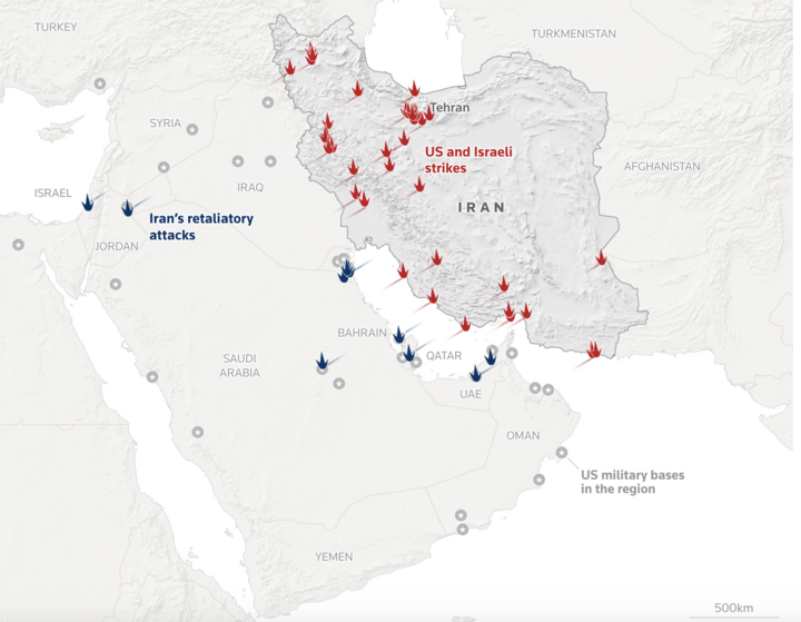 Các địa điểm giao tranh 2 ngày qua tại Trung Đông.