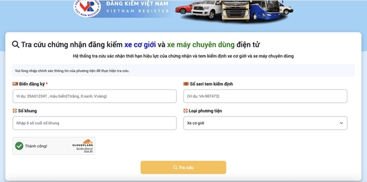 Giao diện tra cứu thông tin chứng nhận đăng kiểm điện tử trên website. (Ảnh: Đăng kiểm Việt Nam)
