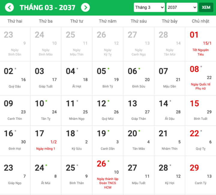 Chờ 5 năm sau, đến năm 2037 mới có thứ Ba ngày 3/3. (Ảnh chụp màn hình)