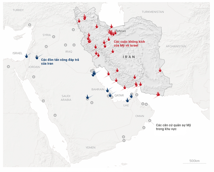 Các đòn tấn công qua lại giữa Mỹ - Israel và Iran (Nguồn: Reuters)