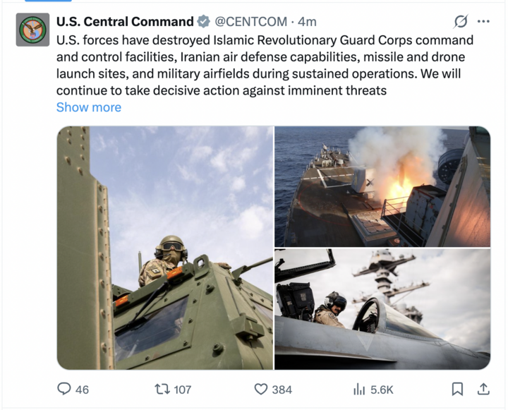 Tuyên bố của CENTCOM trên X