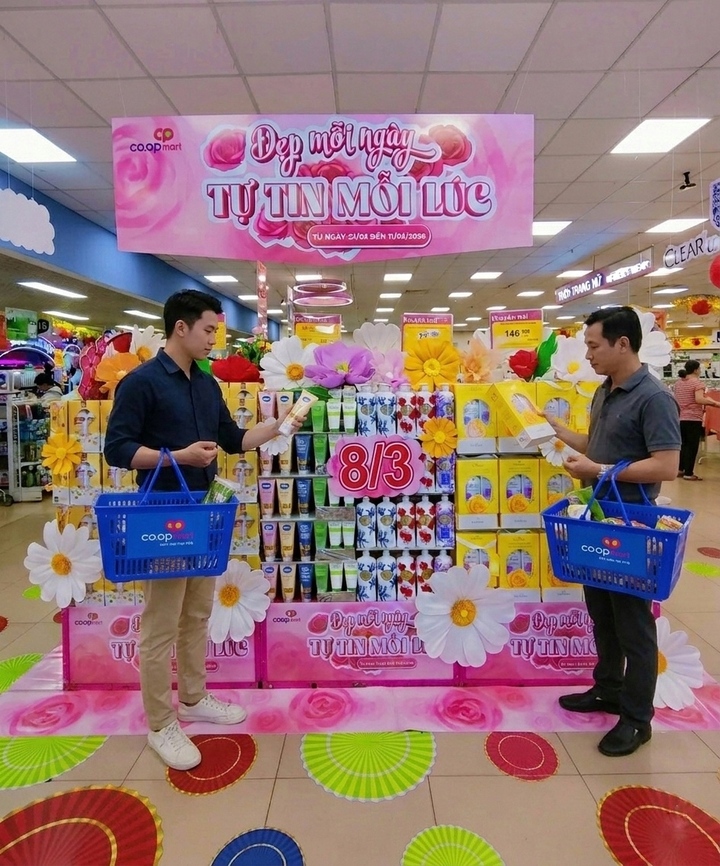 Các combo chăm sóc cá nhân được bố trí nổi bật, thuận tiện cho khách hàng chọn mua dịp 8-3.