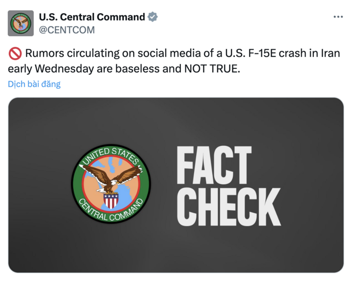 CENTCOM khẳng định tuyên bố một tiêm kích tấn công F-15E đã bị bắn hạ là sai sự thật.