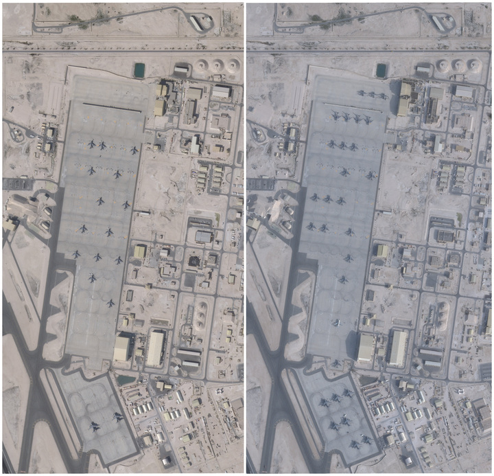 Tổ hợp ảnh vệ tinh cho thấy các máy bay tại căn cứ không quân Al-Udeid, gần Doha, Qatar, vào ngày 17/1/2026 và 1/2/2026. (Ảnh: Planet Labs PBC/Handout qua Reuters)