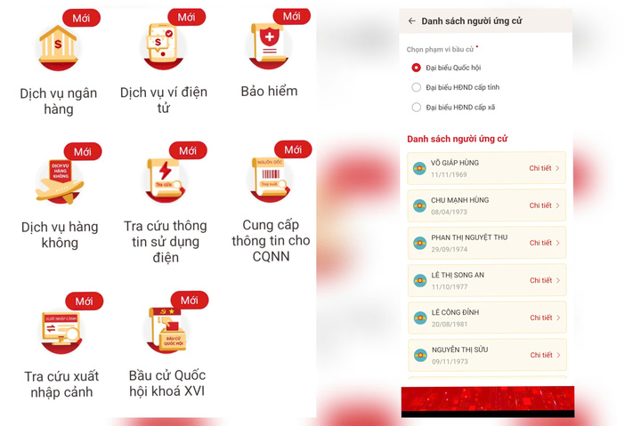 Danh sách người ứng cử đại biểu Quốc hội khóa XVI hiển thị trên VNeID. (Ảnh: MH)