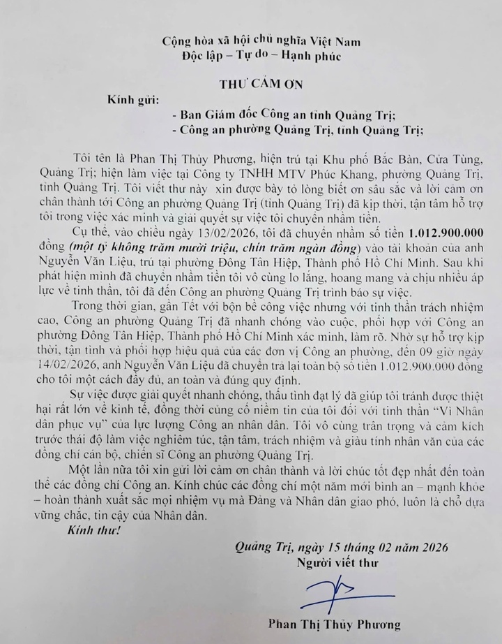 Lá thư cảm ơn chị Phương gửi đến Ban Giám đốc Công an tỉnh Quảng Trị và Công an phường Quảng Trị. (Ảnh: Công an Quảng Trị)