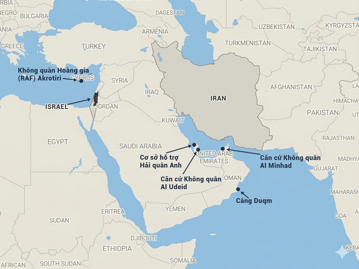 Anh duy trì sự hiện diện quân sự thường trực tại Al Minhad ở UAE và hai cảng ở Oman và Bahrain, cũng như có quyền tiếp cận căn cứ không quân Al Udeid của Qatar. Căn cứ chính của Anh trong khu vực là căn cứ không quân RAF Akrotiri ở Síp.