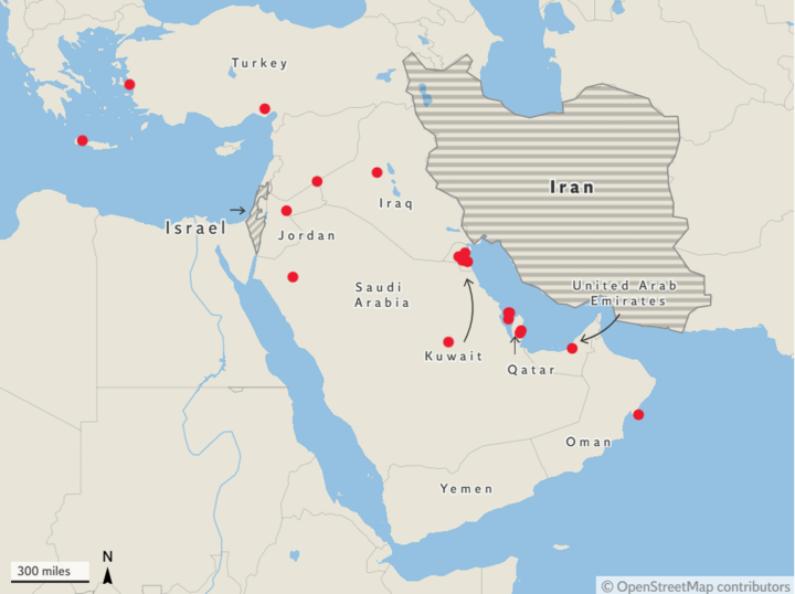 Sự hiện diện quân sự của phương Tây ở Trung Đông, trong đó có Mỹ dẫn đầu, bao gồm một mạng lưới vững chắc gồm ít nhất 19 căn cứ.
