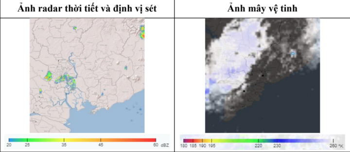 Ảnh radar thời tiết và mây vệ tinh cho thấy các vùng mây đối lưu đang phát triển trên khu vực TP.HCM và các tỉnh Nam Bộ, gây mưa rào kèm dông, sét tại một số nơi.