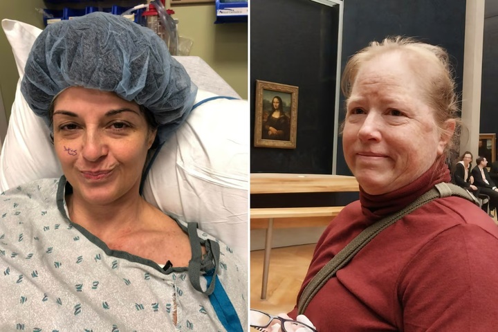 Bà Jennifer Sontag (trái) tại một bệnh viện ở Thượng Hải ngày 15/1/2020. Bà Amy Willard (phải) - người rời Colorado Springs sang Pháp vì lo ngại chi phí y tế cao tại Mỹ – chụp ảnh khi lần đầu nhìn thấy bức Mona Lisa tại Bảo tàng Louvre ở Paris ngày 11/10/2024. (Ảnh gia đình cung cấp/Washington Post)