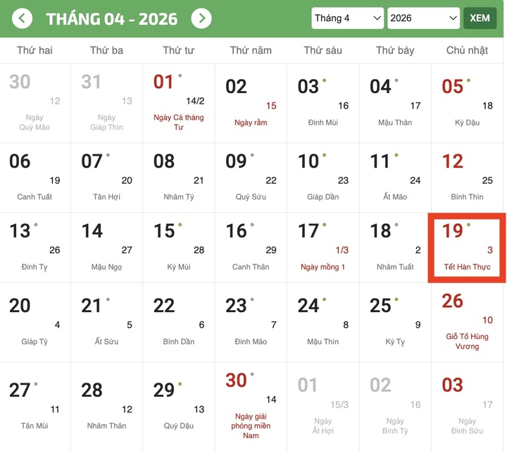Tết Hàn thực năm 2026 sẽ rơi vào Chủ nhật, ngày 19/4. (Ảnh chụp màn hình)