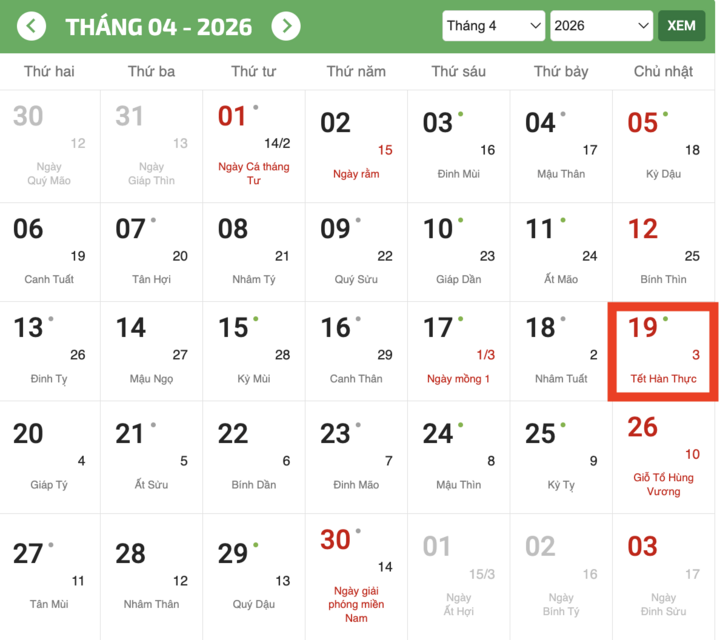 Tết Hàn thực năm 2026 rơi vào Chủ nhật ngày 19/4 Dương lịch.