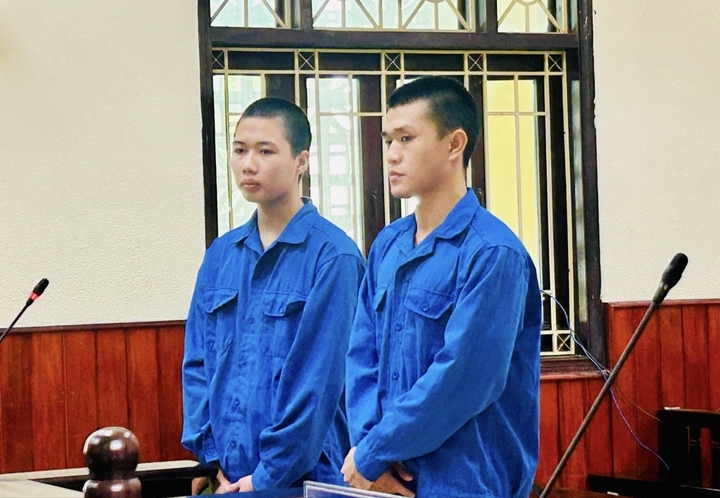 Đỗ Trung Hoàng và Trần Trọng Đạt tại phiên tòa xét xử. (Ảnh: Nhật Linh)