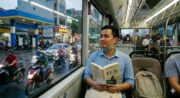 Chuyển sang đi xe buýt, tôi thấy tiện lợi, hạnh phúc vì không còn phải xếp hàng mua xăng. (Ảnh minh họa: AI)