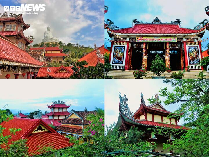 Những điện thờ được thiết kế khang trang với mái ngói đỏ au cong vút nhấp nhô, điểm xuyết thêm các hình thù rồng bay trên những hàng cột thẳng tắp bên hiên chùa và lối đi.