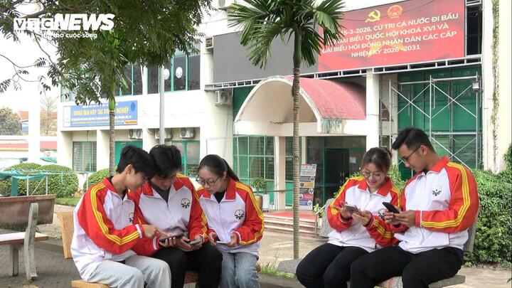 Sinh viên theo dõi thông tin, nội dung tuyên truyền về bầu cử trên điện thoại thông minh