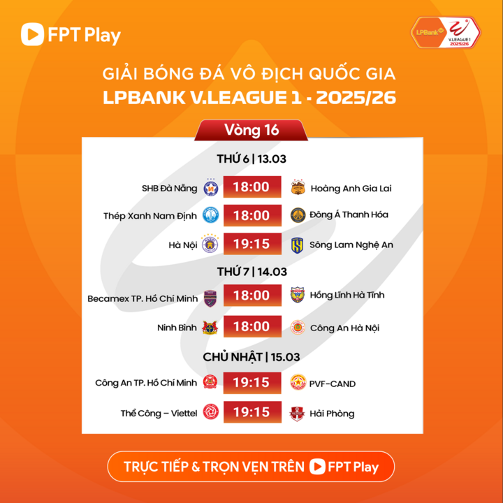 Lịch thi đấu V.League vòng 16.