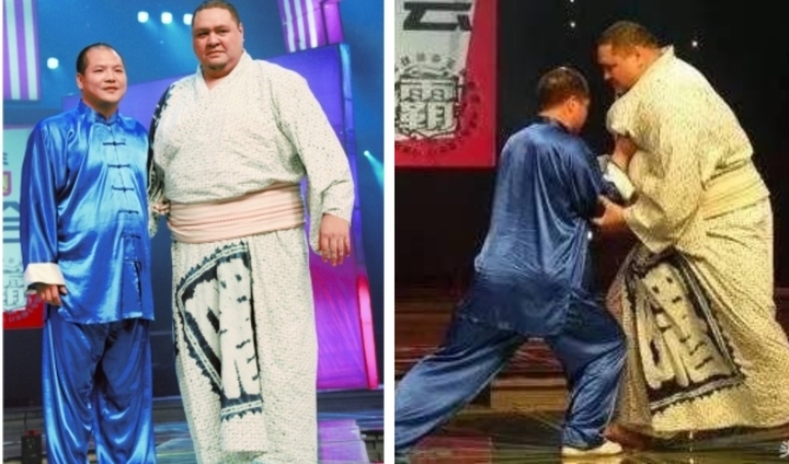 Vương Chiến Quân so tài với nhà vô địch sumo Nhật Bản Akebono