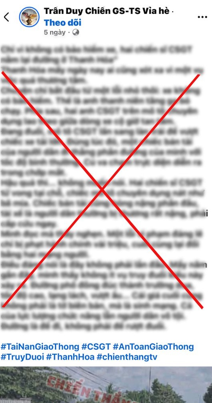 Công an tỉnh Thanh Hoá bác bỏ thông tin bịa đặt trên mạng xã hội liên quan đến lực lượng CSGT tại Thanh Hóa. (Ảnh: Công an Thanh Hoá)