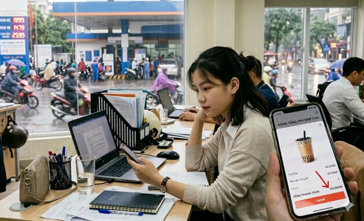 Trong bối cảnh giá xăng tăng, người trẻ cắt bớt các nhu cầu hưởng thụ để có khoản tiết kiệm dự phòng rủi ro cuộc sống. (Ảnh minh họa: AI)