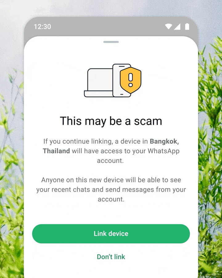 Cảnh báo liên kết thiết bị đáng ngờ trên WhatsApp. (Ảnh: Meta)