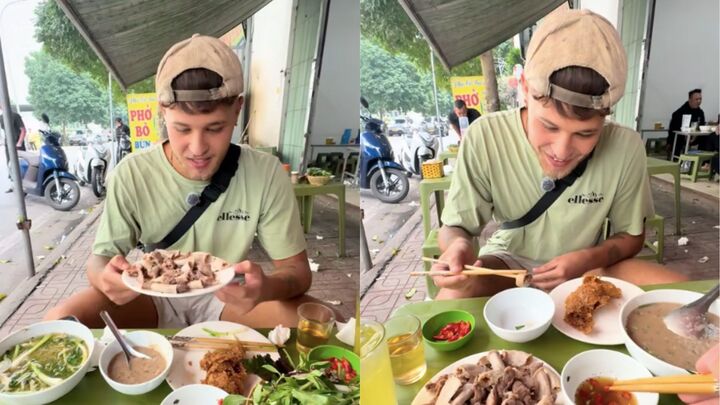 Lần đầu tiên trong đời, vị khách Tây được thử món lòng lợn luộc, uống rượu táo mèo. (Ảnh chụp màn hình)