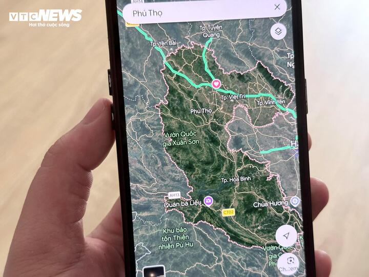 Ứng dụng Google Maps hiển thị địa giới hành chính mới của tỉnh Phú Thọ. (Ảnh: Mạnh Hùng)