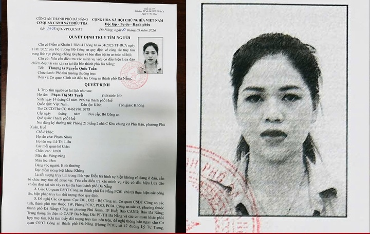 Công an TP Đà Nẵng đang truy tìm Phạm Thị Mỹ Tuyết. (Ảnh: C.A)