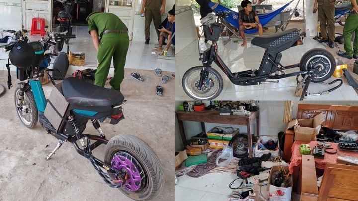 Công an xã Phú Giáo (TP.HCM) phát hiện một cơ sở độ, chế xe điện cho học sinh nhằm tăng tốc độ vượt thiết kế. (Ảnh: Công an Phú Giáo)