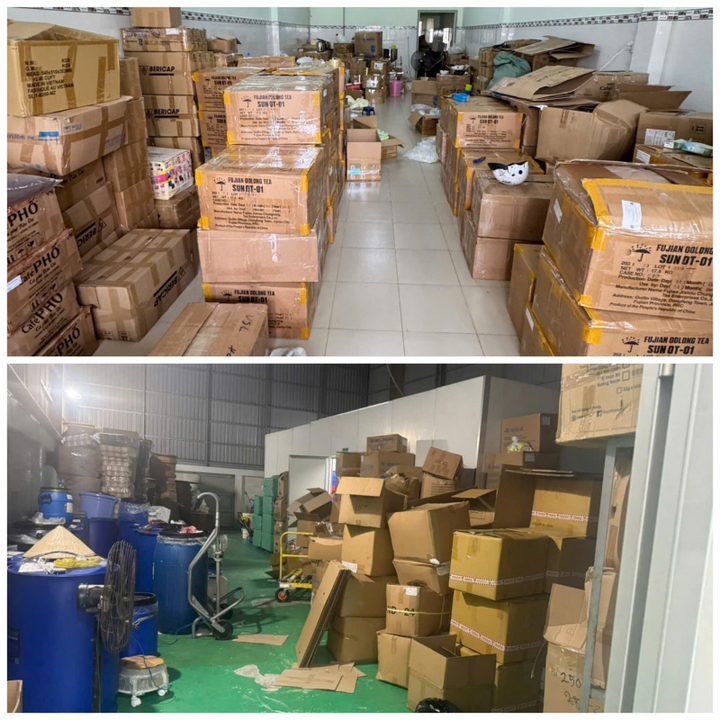 Máy móc thiết bị, bao bì, thùng hàng trong kho, “công xưởng” sản xuất kem trộn.