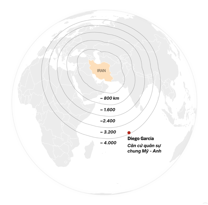 Bản đồ phạm vi tấn công ước tính của tên lửa Iran, cho thấy căn cứ Diego Garcia nằm ở khoảng cách gần 4.000 km. (Nguồn: The New York Times)
