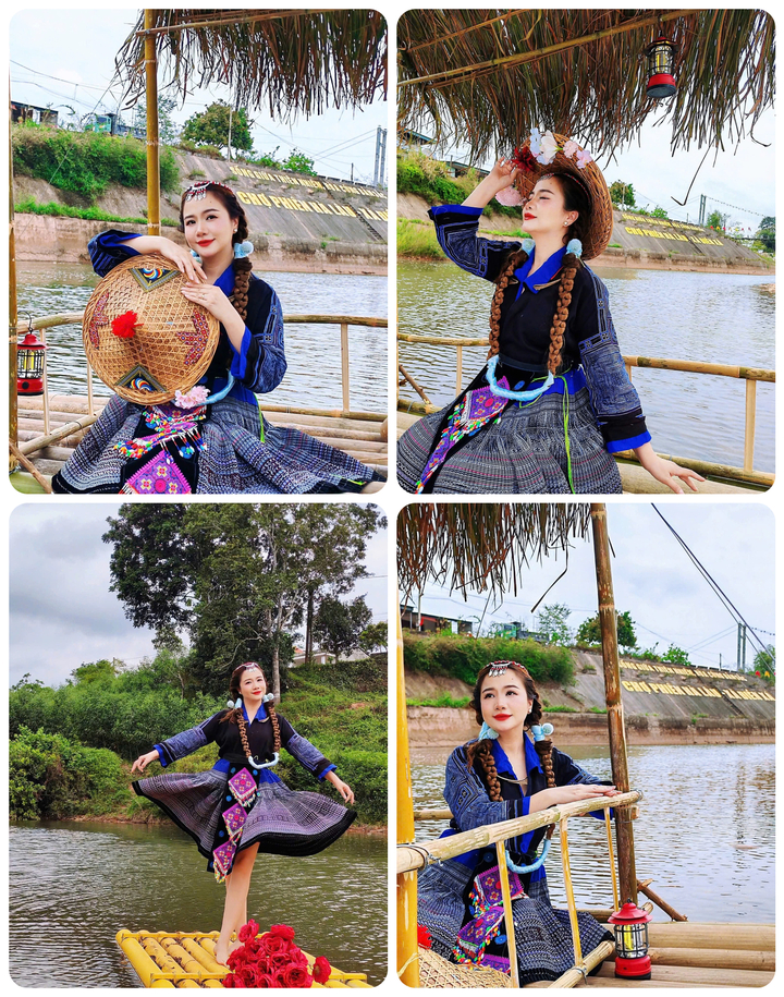 Du khách thích thú khoác lên mình các bộ trang phục truyền thống của đồng bào dân tộc tại vùng cao Hà Lâu, xã Điền Xá, tỉnh Quảng Ninh.