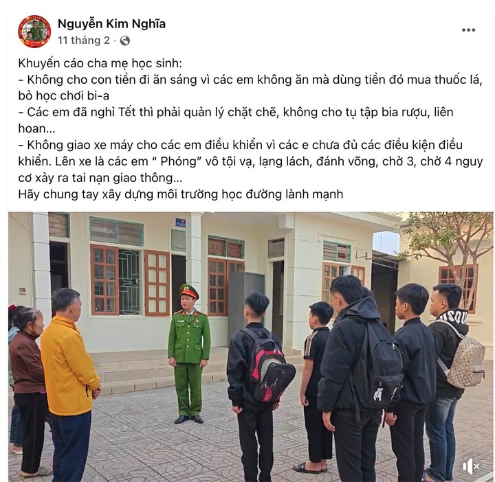 Đại úy Nguyễn Kim Nghĩa – Phó Trưởng Công an xã Tân An (tỉnh Nghệ An) đã sử dụng chính trang Facebook cá nhân để chia sẻ các clip, hình ảnh, tình huống thực tế trong quá trình thực thi nhiệm vụ.