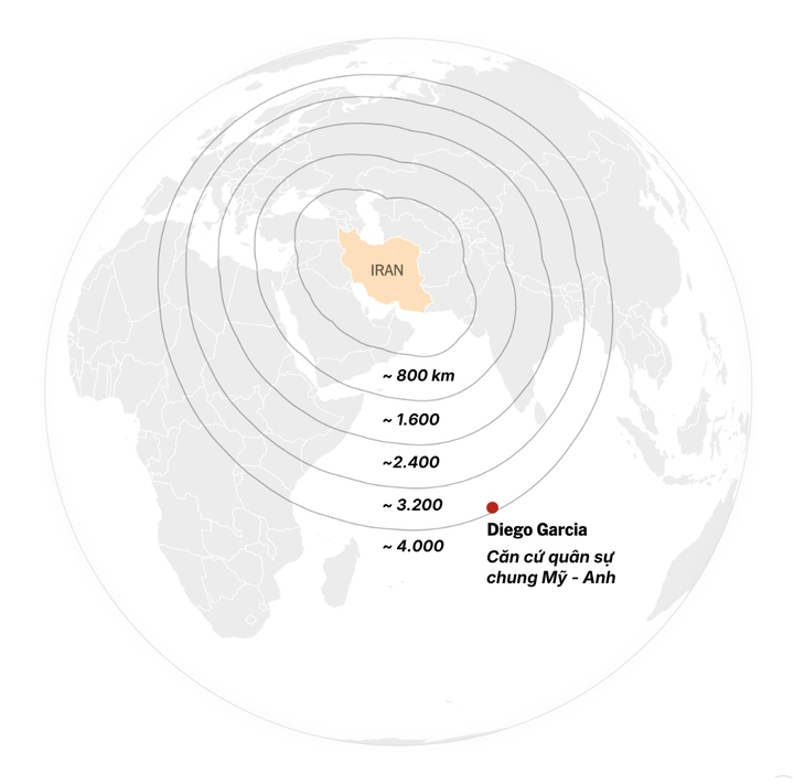 Bản đồ phạm vi tấn công ước tính của tên lửa Iran, cho thấy căn cứ Diego Garcia nằm ở khoảng cách gần 4.000 km. (Nguồn: The New York Times)