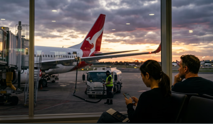 Hành khách ngồi chờ trong khi máy bay của Qantas tiếp nhiên liệu ở Australia. (Ảnh: Streamlinefeed)