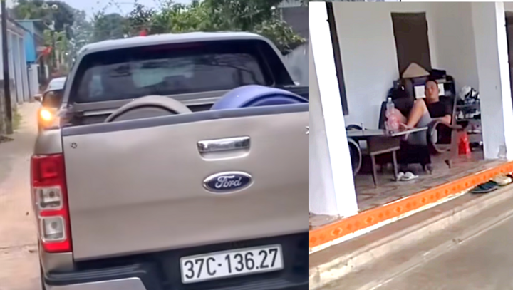 Chủ xe bán tải ngồi trong hiên nhà, bỏ mặc xe khác không thể đi qua