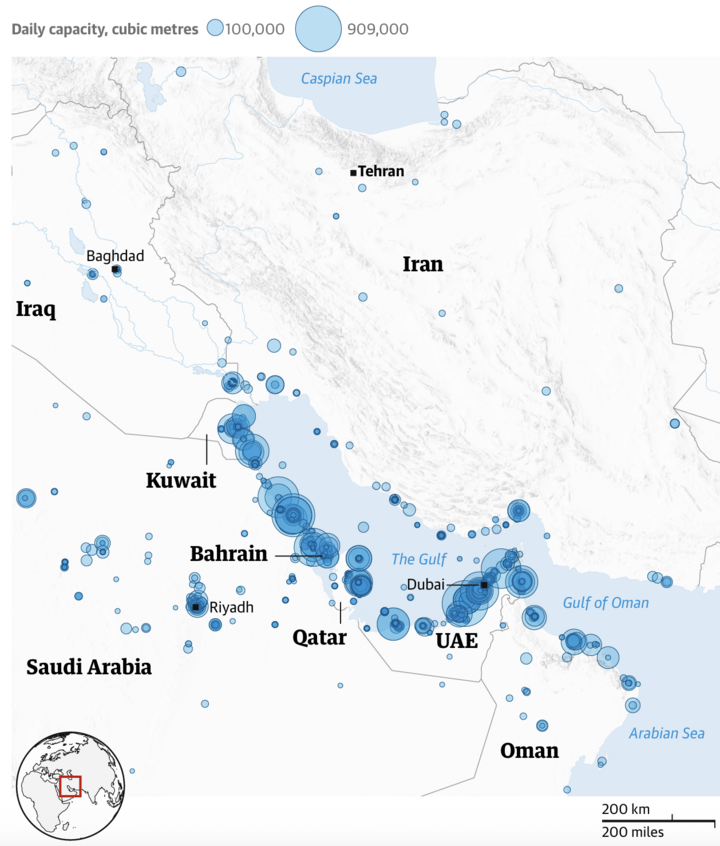 Lược đồ các nhà máy khử muối trong khu vực theo công suất từ nhỏ đến lớn. (Nguồn: The Guardian)