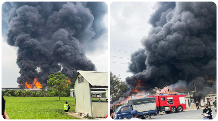 Xưởng chứa mút xốp trên địa bàn phường Thượng Hồng, tỉnh Hưng Yên bốc cháy dữ dội chiều 26/3.