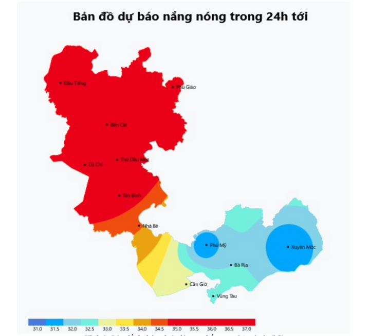 Bản đồ dự báo nhiệt độ cao nhất trong 24 giờ tới. (Nguồn: Đài Khí tượng Thủy văn Nam Bộ)
