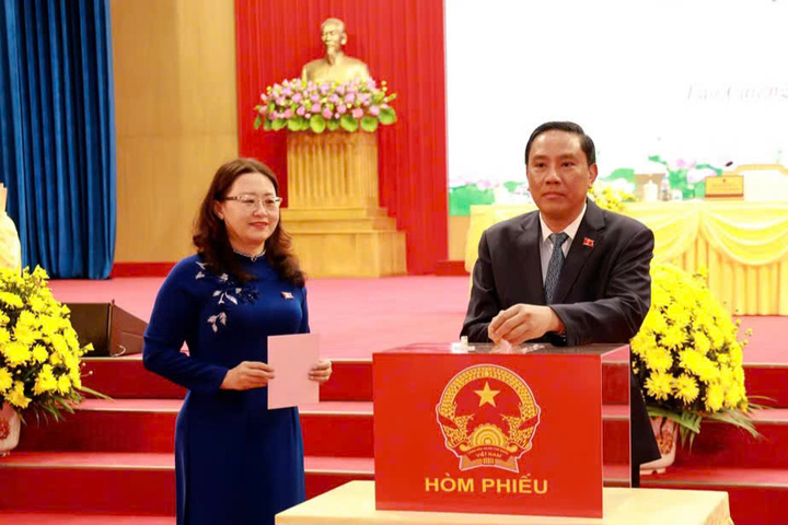 Ông Hoàng Giang - Phó Bí thư Thường trực Tỉnh ủy, Chủ tịch HĐND tỉnh khóa XVII bỏ phiếu tại kỳ họp. (Ảnh: Cao Cường)