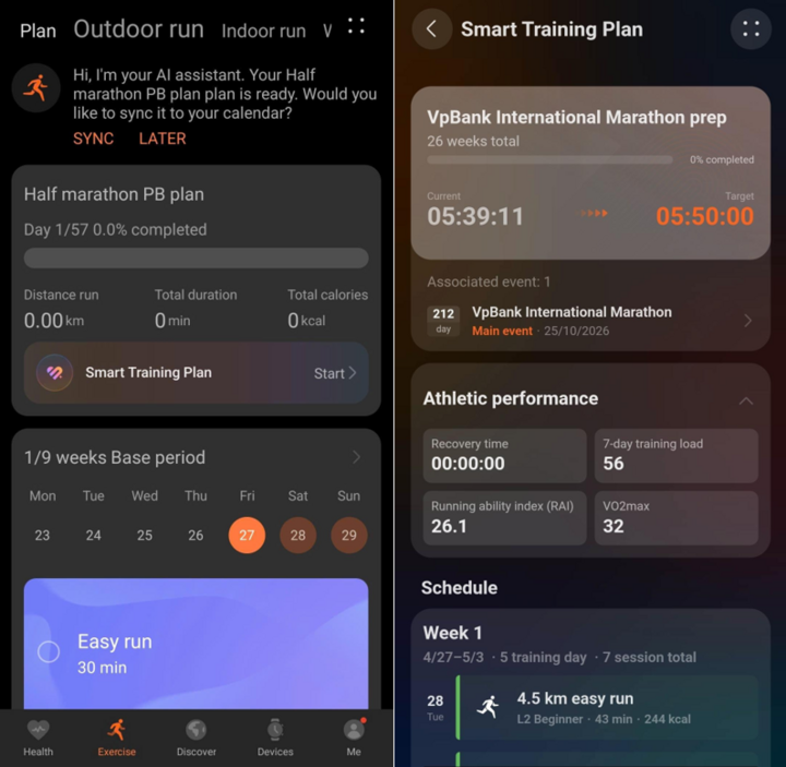 Bên trái: Một bài tập Half Marathon (21km) được tuỳ chỉnh theo dữ liệu cá nhân hoá của người dùng hoàn toàn mới trên GT Runner 2 với thời gian tối thiểu yêu cầu là 9 tuần. Bên phải: Giáo án luyện tập chạy giải VPBank Marathon ngày 25/10 với cự ly 42km.